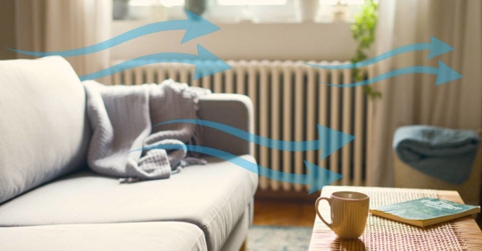 ozy winter living room with a subtle overlay showing airflow