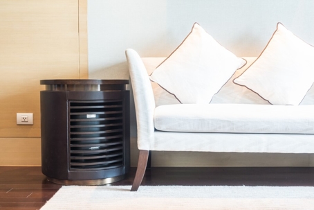 Electric furnace next to the couch
