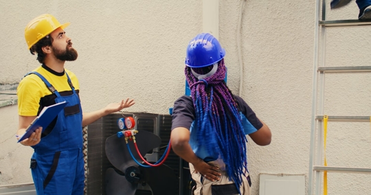 Two HVAC technicians in work gear are inspecting an air conditioning unit.