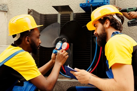 Two HVAC technicians in hard hats inspect gauges and take notes on an AC unit.