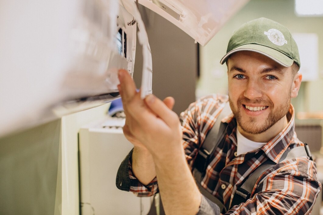 A smiling HVAC technician in a cap performs AC service