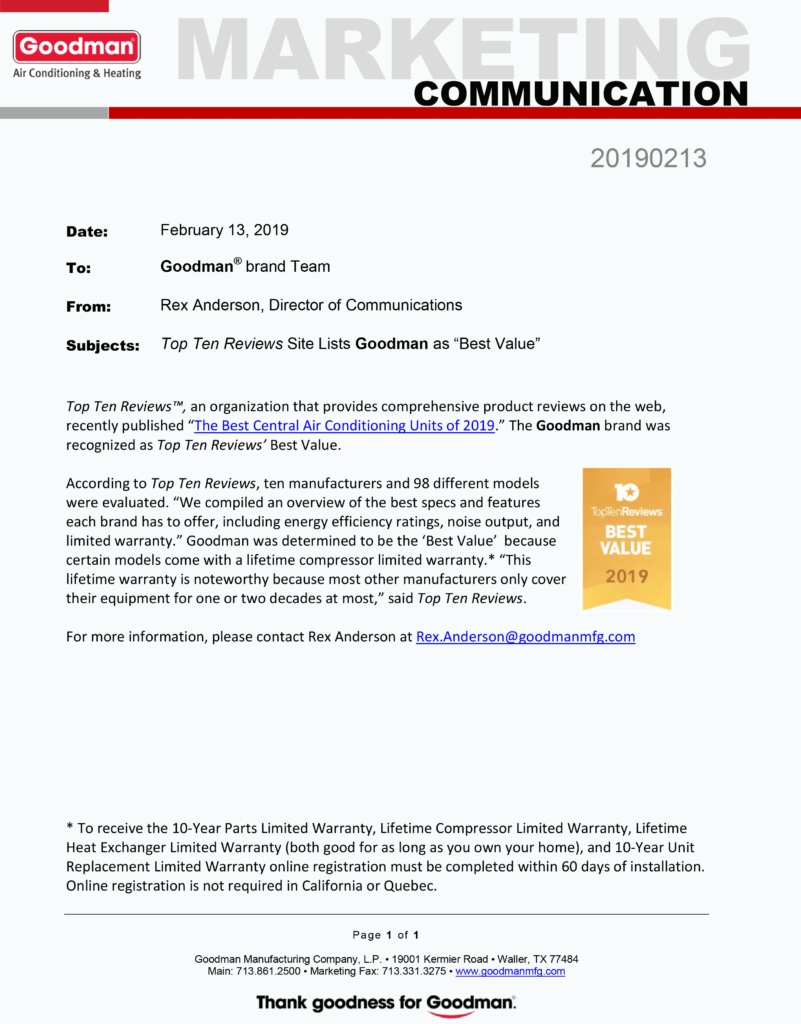 Goodman MarCom News TopTen Reviews Lists Goodman as Best Value 2019021.